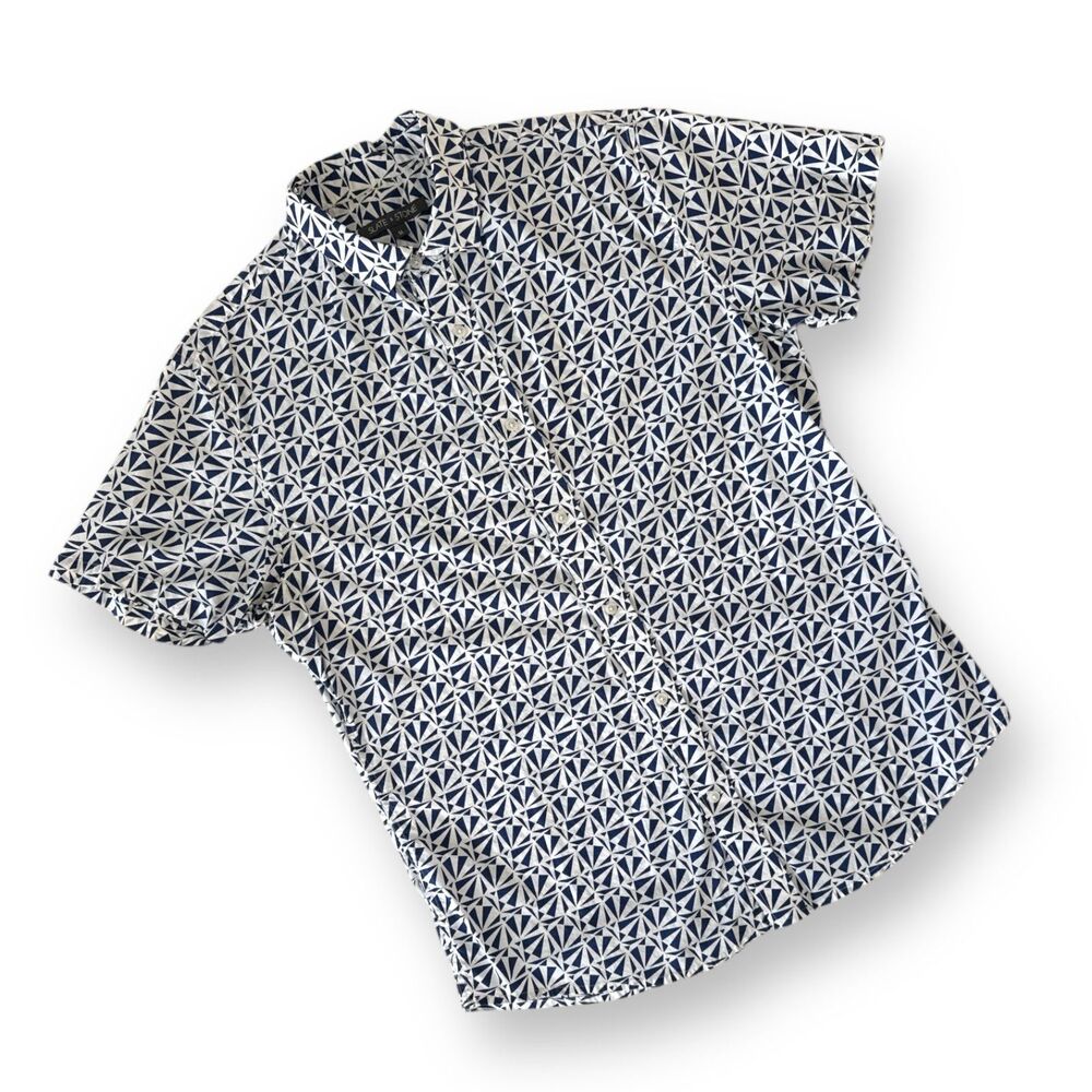 Slate & Stone Blue & White Geometric Camp Shirt‎ Short Sleeve Button-up Men Sz M